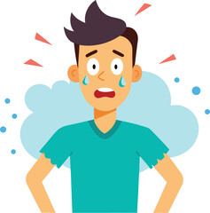 Anxious Man with Sweaty Face and Worried Expression in Cartoon Style