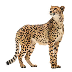 A majestic cheetah with distinctive spotted fur stands proudly captured in a full body profile on a transparent background isolated on transparent background