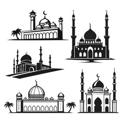 Islamic Mosques and Palm Trees Silhouettes Set architecture