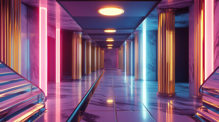 Retro-futuristic hallway with marble floors, neon lighting, and golden columns in a surreal synthwave-inspired basement.