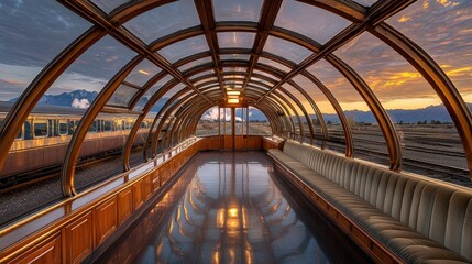 Vintage observation car interior with curved glass dome ceiling and panoramic mountain views during golden hour, classic railway train luxury seating, atmospheric lighting