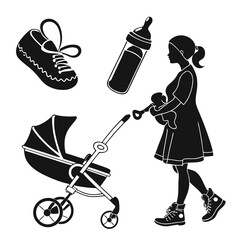 Mother with baby and stroller silhouette Keywords: mother, baby, infant, child, stroller, pram