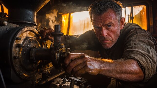 Seasoned locomotive engineer adjusting steam valves in vintage train cab with golden atmospheric lighting and period-authentic controls