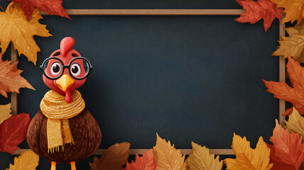 Thanksgiving turkey cartoon with leaves and blank chalkboard background