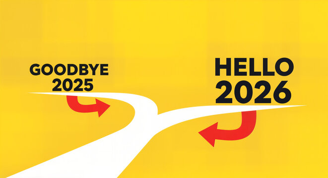 Goodbye 2025, Hello 2026 — Pathway to the New Year on a Bright Yellow Background