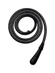 Black coiled whip with a dark handle on a white background