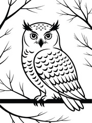 Detailed black and white illustration of an owl perched on a branch