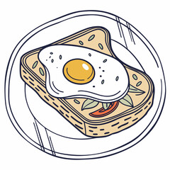 Illustration of a toast with fried egg on plate