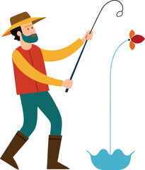 Cartoon Fisherman Trying to Catch a Flower Instead of a Fish