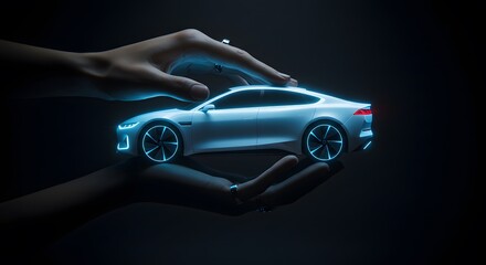 Futuristic car held in hands digital concept technology and innovation