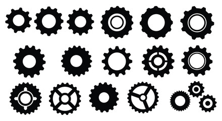 Collection of black gears in various sizes and designs isolated on white