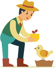 Farmer with Plant and Bird Illustration for Agriculture and Nature Concepts