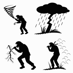 Silhouette of people facing extreme weather conditions Keywords: storm, tornado, lightning, rain