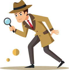 Cartoon detective investigates with magnifying glass searching for clues and evidence