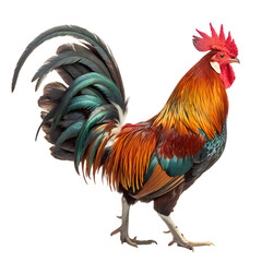 Fototapeta premium A vibrant colorful rooster with iridescent feathers stands proudly on a transparent background showcasing its majestic plumage and proud stance isolated on transparent background