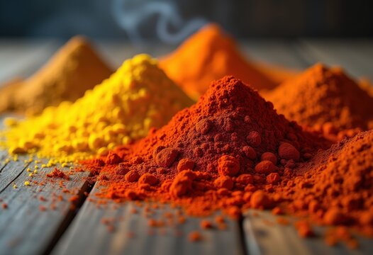 Vibrant Array of Colorful Spices on Rustic Wooden Surface Gourmet Culinary Artistry