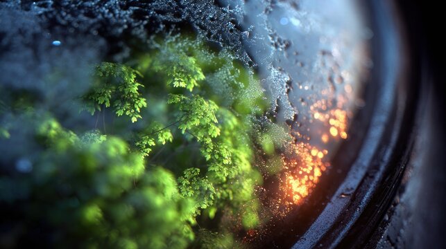 A mesmerizing macro shot of a miniature forest encapsulated in glass, with vibrant green foliage and a hint of warm light