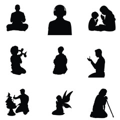Diverse silhouettes showcase meditation prayer listening childhood joy and aging with grace all in a minimalist black and white design