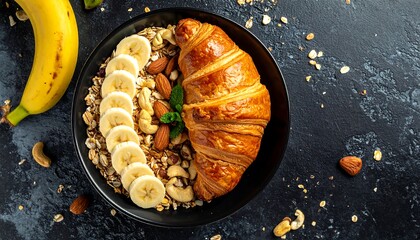 Breakfast bowl with croissant, granola, banana, and nuts