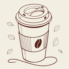 Coffee cup sketch with scattered leaves and a coffee bean illustration