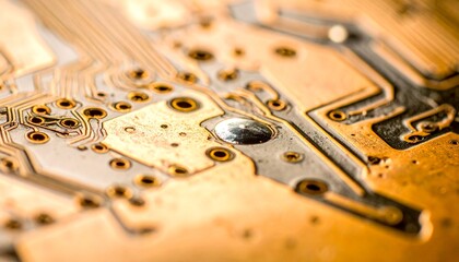 Macro photograph of a copper printed circuit board with a shiny solder joint and intricate electronic pathways.
