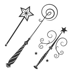 Three decorative magic wands with stars and swirls