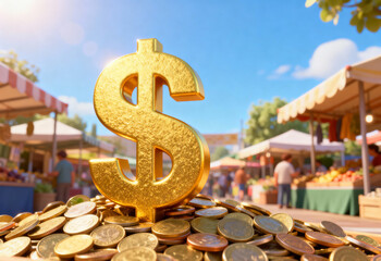 Gold dollar symbol on coins at vibrant market business environment outdoor perspective economic growth concept