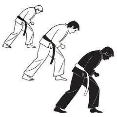 Three martial artists in a low stance black and white illustration