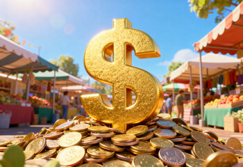 Investing in gold coins at a vibrant marketplace business environment daylight viewpoint wealth concept