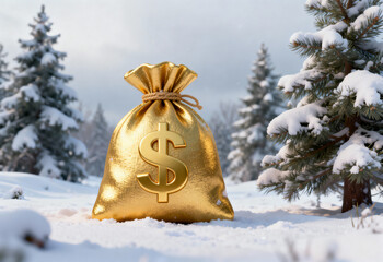Wealth in winter wonder golden money bag amidst snowy pines seasonal photography nature aesthetic view