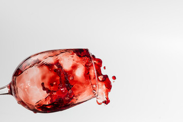 tilted wine glass, the liquid is moving inside and overflows upwards
