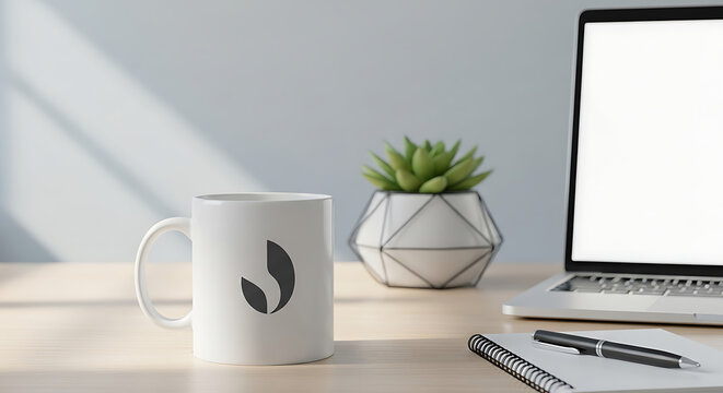 White Coffee Mug with a Modern Logo on a Light Desk in a Bright Office