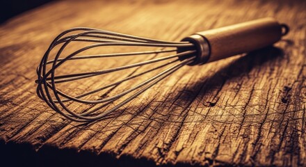 Rustic Kitchen Still Life: Vintage Whisk on Weathered Wooden Surface, Warm Tones