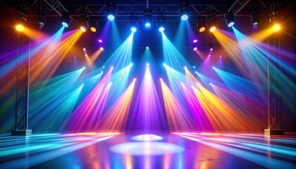 Vibrant stage lights illuminate an empty performance area