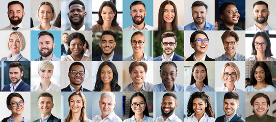 A collage displaying a diverse group of professionals, including men and women of various backgrounds, dressed in business attire, smiling confidently at a corporate event.