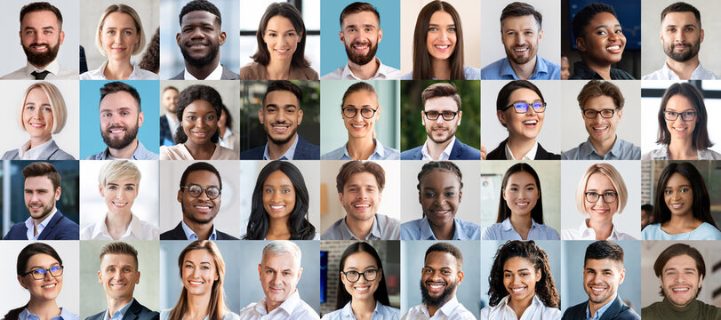 A collage displaying a diverse group of professionals, including men and women of various backgrounds, dressed in business attire, smiling confidently at a corporate event.
