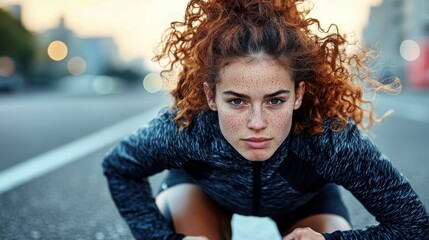 Exhausted runner with freckles and curly auburn hair taking break after intense workout showing determination and fatigue in urban street setting