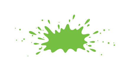 A vibrant green paint splash with scattered droplets on a white background