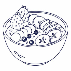 Black and white illustration of a fruit bowl with strawberries, bananas, and blueberries