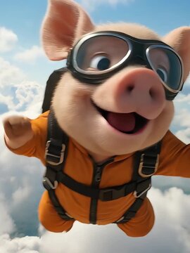 Adorable cartoon pig in orange jumpsuit skydiving with parachute harness and goggles against a bright blue sky