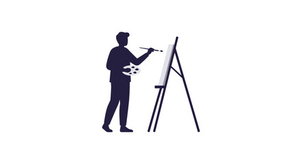 Silhouette of an artist painting on a canvas with an easel