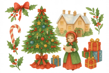 Festive watercolor christmas illustration featuring caroler, gifts, holiday tree, cottage, holly and candy cane on transparent background