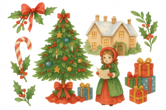 Festive watercolor christmas illustration featuring caroler, gifts, holiday tree, cottage, holly and candy cane on transparent background
