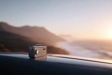 Nostalgic vibes A vintage radio rests on a car hood with a scenic sunset landscape backdrop. Evokes freedom, travel, and memories. Great for retro themes or ads.