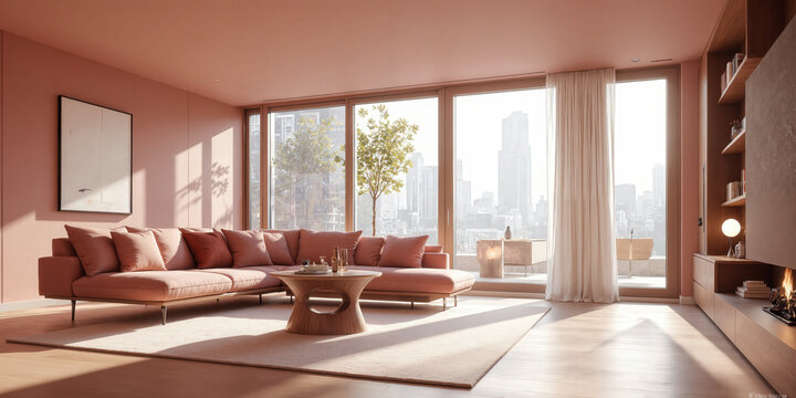 Smart living room in dusty rose, featuring AI-powered furniture that adapts to the user's sitting preferences, offering personalized support