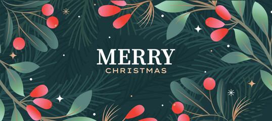 Christmas horizontal greeting card with mistletoe, red berries and wishing happy holiday. Christmas traditional decoration. Template design for web, posters, banners, social media. Vector illustration