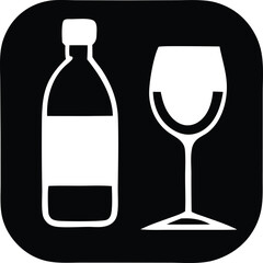 Simple white silhouette of a wine bottle and wine glass on a black square canvas for food and drink graphics