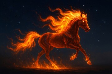 Majestic fire horse with a burning mane and tail gallops through a starry night, embodying power and freedom