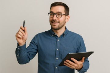 Businessman holding a tablet and pen, delivering a professional presentation against a neutral background, engaging the audience with information
