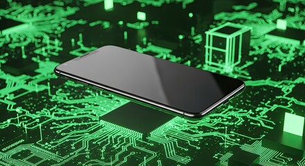 Sleek Smartphone on Luminous Green Digital Circuitry Network with Abstract Cyber Elements
